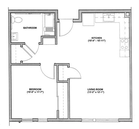 Floor plan for 1 bed, 1 bath, 626 sqft